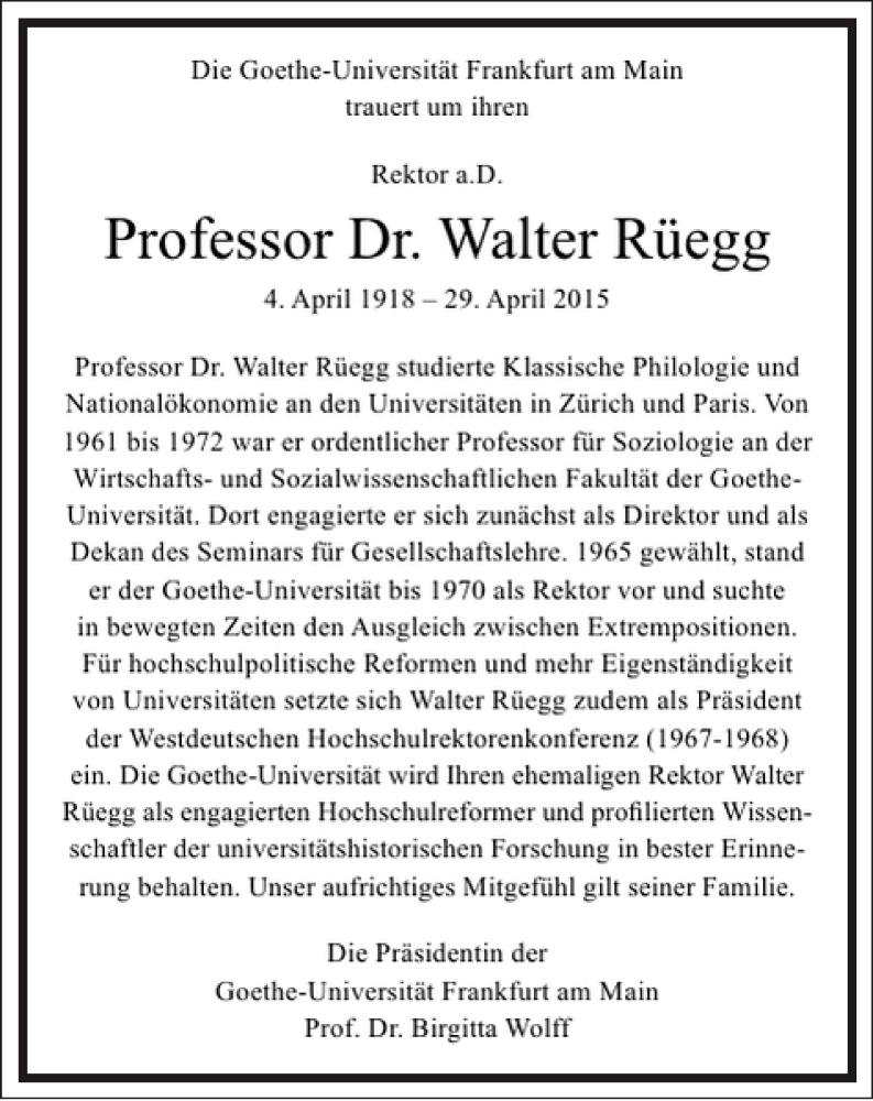  Traueranzeige für Walter Rüegg vom 26.05.2015 aus Frankfurter Allgemeine Zeitung