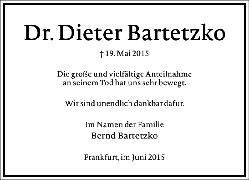  Traueranzeige für Dieter Bartetzko vom 10.06.2015 aus Frankfurter Allgemeine Zeitung