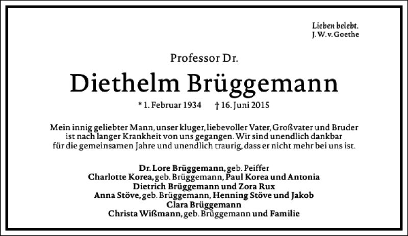  Traueranzeige für Diethelm Brüggemann vom 20.06.2015 aus Frankfurter Allgemeine Zeitung