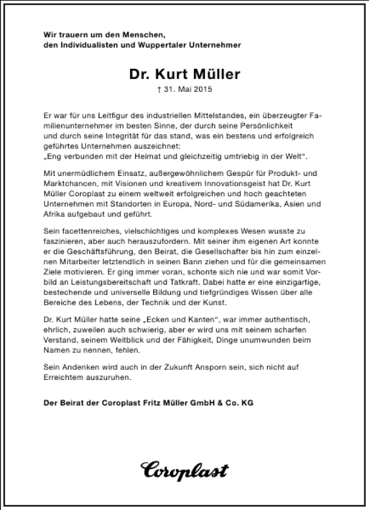  Traueranzeige für Dr. Kurt Müller vom 06.06.2015 aus Frankfurter Allgemeine Zeitung