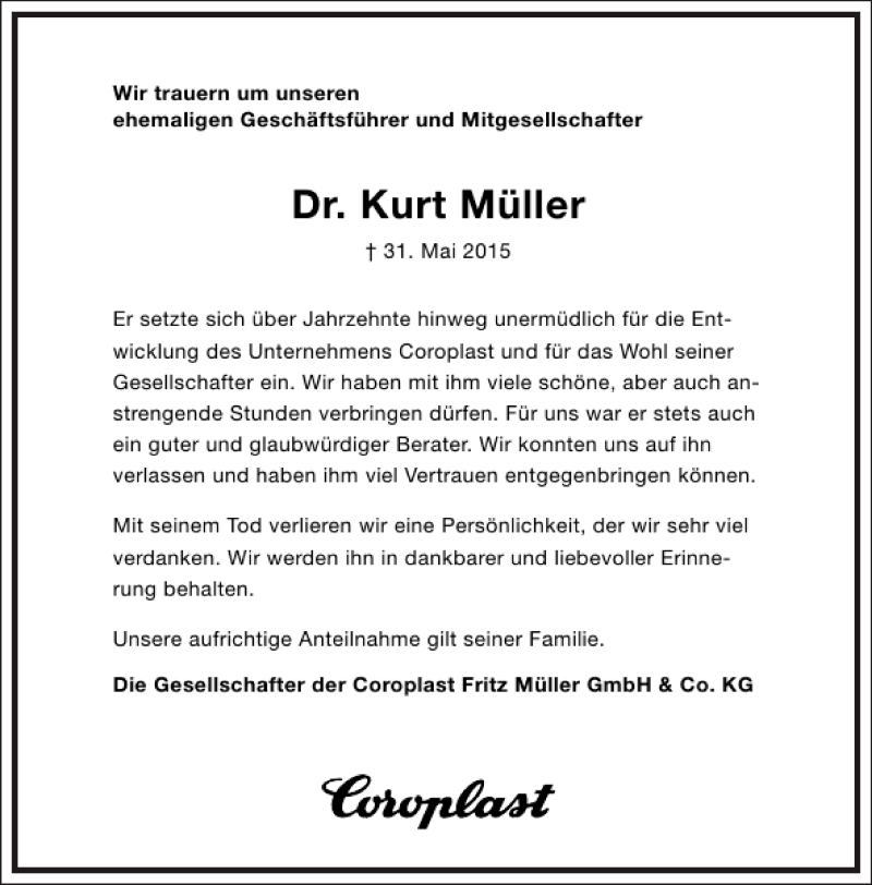  Traueranzeige für Dr. Kurt Müller vom 06.06.2015 aus Frankfurter Allgemeine Zeitung