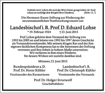 Traueranzeige von Eduard Lohse von Frankfurter Allgemeine Zeitung