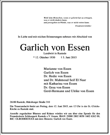 Traueranzeige von Garlich von Essen von Frankfurter Allgemeine Zeitung