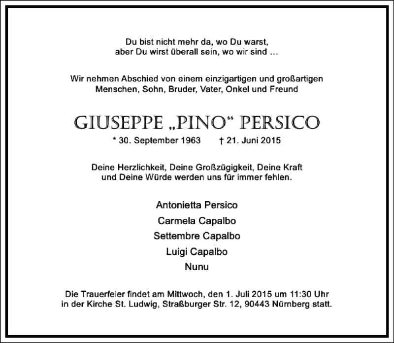  Traueranzeige für Giuseppe Pino Persico vom 27.06.2015 aus Frankfurter Allgemeine Zeitung