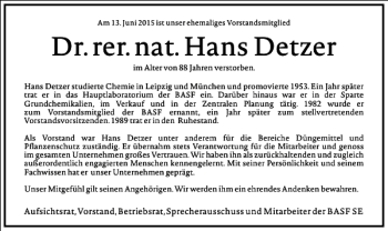 Traueranzeige von Hans Detzer von Frankfurter Allgemeine Zeitung