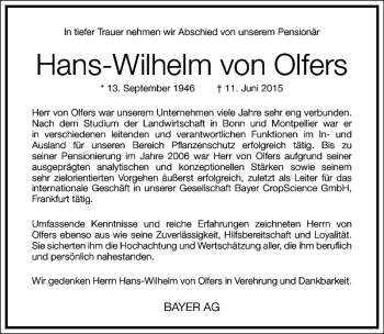 Traueranzeige von Hans-Wilhelm von Olfers von Frankfurter Allgemeine Zeitung