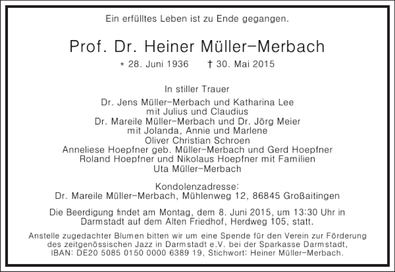  Traueranzeige für Heiner Müller-Merbach vom 03.06.2015 aus Frankfurter Allgemeine Zeitung