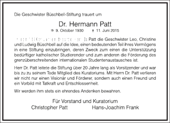 Traueranzeige von Hermann Patt von Frankfurter Allgemeine Zeitung