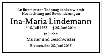 Traueranzeige von Ina-Maria Lindemann von Frankfurter Allgemeine Zeitung