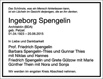 Traueranzeige von Ingeborg Spengelin von Frankfurter Allgemeine Zeitung