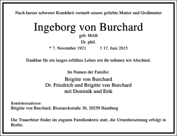 Traueranzeige von Ingeborg von Burchard von Frankfurter Allgemeine Zeitung