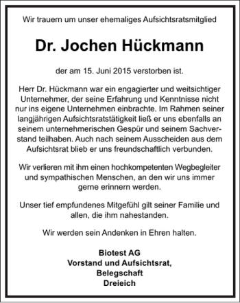 Traueranzeige von Jochen Hückmann von Frankfurter Allgemeine Zeitung