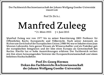 Traueranzeige von Manfred Zuleeg von Frankfurter Allgemeine Zeitung