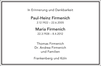 Traueranzeige von Paul-Heinz Firmenich von Frankfurter Allgemeine Zeitung