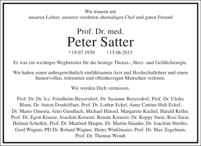  Traueranzeige für Peter Satter vom 27.06.2015 aus Frankfurter Allgemeine Zeitung