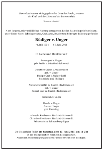 Traueranzeige von Rüdiger v. Unger von Frankfurter Allgemeine Zeitung