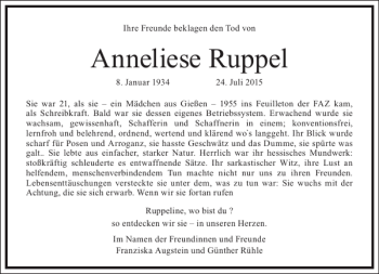 Traueranzeige von Anneliese Ruppel von Frankfurter Allgemeine Zeitung