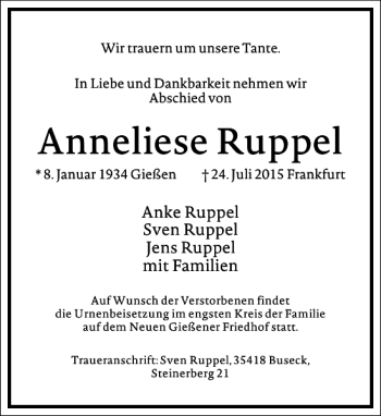 Traueranzeige von Anneliese Ruppel von Frankfurter Allgemeine Zeitung