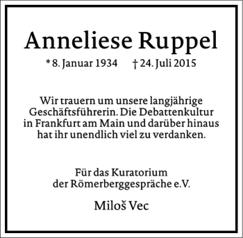 Traueranzeige von Anneliese Ruppel von Frankfurter Allgemeine Zeitung