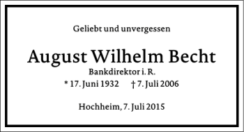 Traueranzeige von August Wilhelm Becht von Frankfurter Allgemeine Zeitung