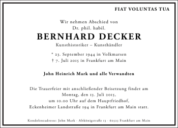 Traueranzeige von Bernhard Decker von Frankfurter Allgemeine Zeitung