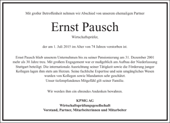 Traueranzeige von Ernst Pausch von Frankfurter Allgemeine Zeitung