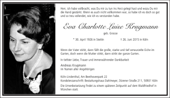 Traueranzeige von Eva Charlotte Luise Krugmann von Frankfurter Allgemeine Zeitung