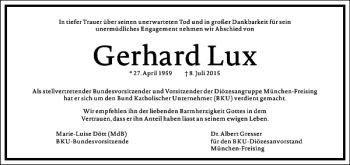 Traueranzeige von Gerhard Lux von Frankfurter Allgemeine Zeitung