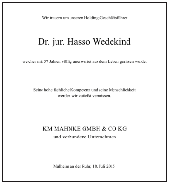 Traueranzeige von Hasso Wedekind von Frankfurter Allgemeine Zeitung