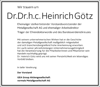 Traueranzeige von Heinrich Götz von Frankfurter Allgemeine Zeitung