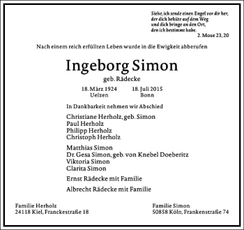 Traueranzeige von Ingeborg Simon von Frankfurter Allgemeine Zeitung