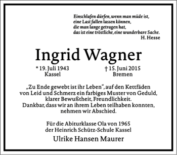 Traueranzeige von Ingrid Wagner von Frankfurter Allgemeine Zeitung