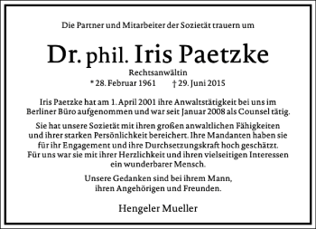 Traueranzeige von Iris Paetzke von Frankfurter Allgemeine Zeitung