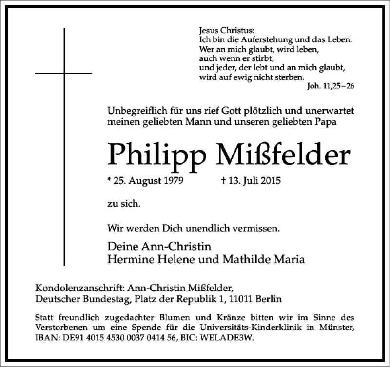  Traueranzeige für Philipp Mißfelder vom 15.07.2015 aus Frankfurter Allgemeine Zeitung