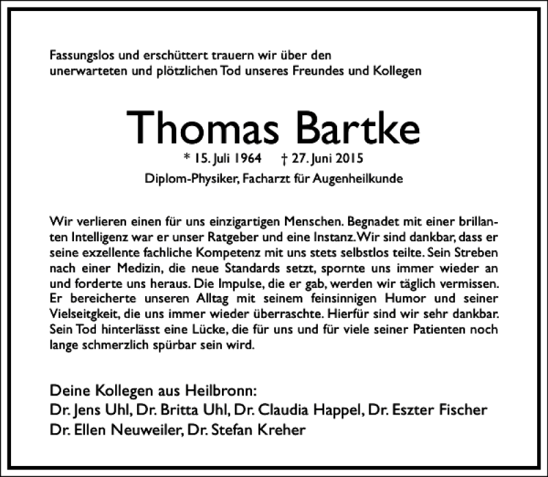  Traueranzeige für Thomas Bartke vom 09.07.2015 aus Frankfurter Allgemeine Zeitung