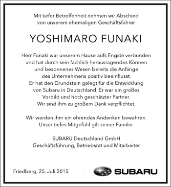 Traueranzeige von Yoshimaru Funaki von Frankfurter Allgemeine Zeitung