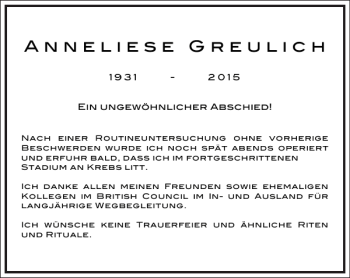 Traueranzeige von Anneliese Greulich von Frankfurter Allgemeine Zeitung