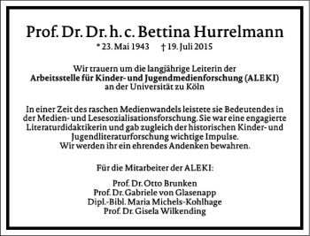 Traueranzeige von Bettina Hurrelmann von Frankfurter Allgemeine Zeitung