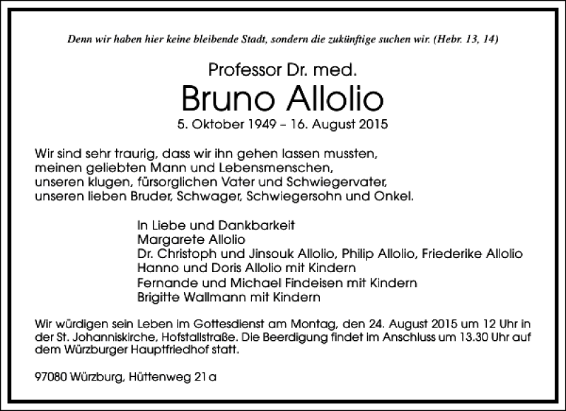  Traueranzeige für Bruno Allolio vom 21.08.2015 aus Frankfurter Allgemeine Zeitung