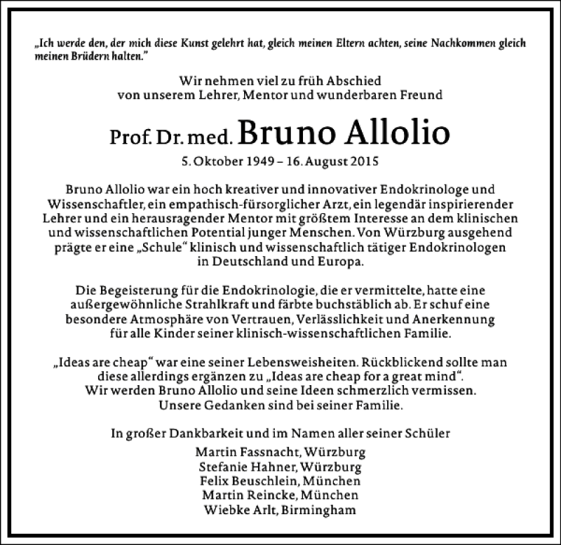  Traueranzeige für Bruno Allolio vom 21.08.2015 aus Frankfurter Allgemeine Zeitung