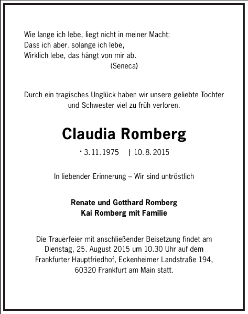  Traueranzeige für Claudia Romberg vom 22.08.2015 aus Frankfurter Allgemeine Zeitung