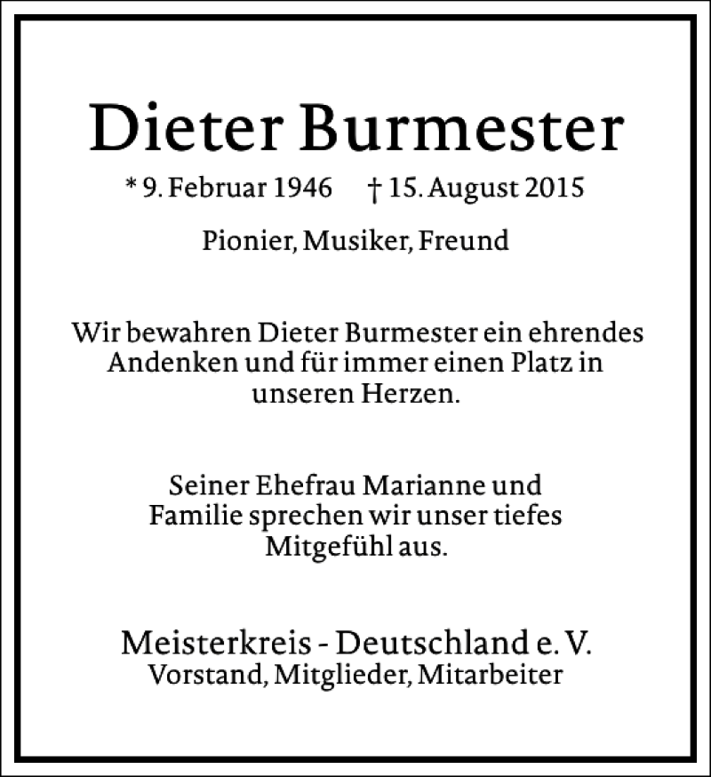  Traueranzeige für Dieter Burmester vom 22.08.2015 aus Frankfurter Allgemeine Zeitung