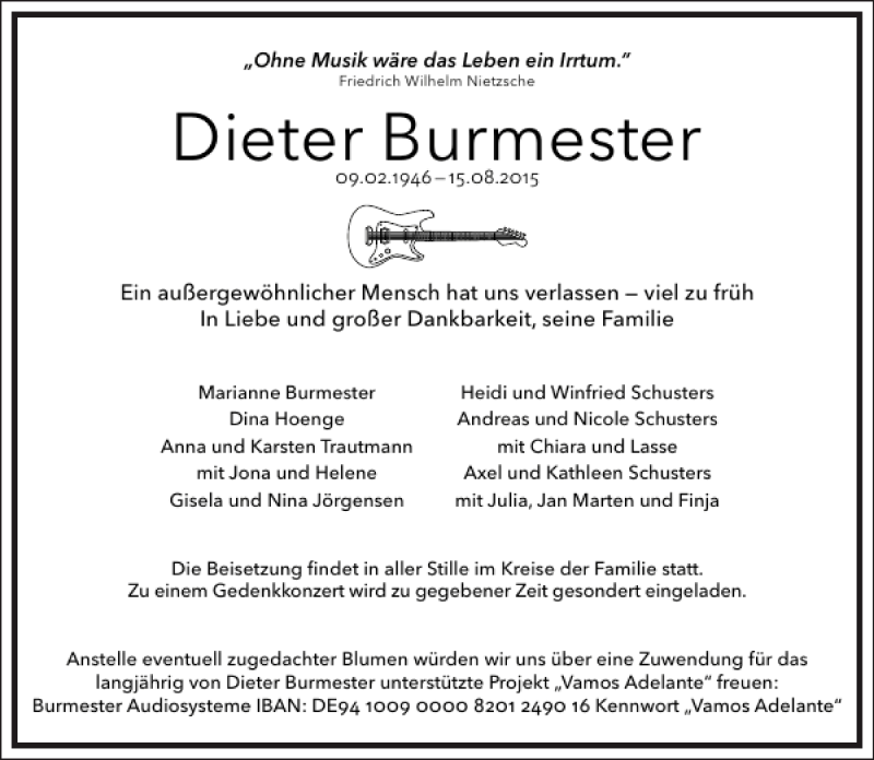  Traueranzeige für Dieter Burmester vom 22.08.2015 aus Frankfurter Allgemeine Zeitung