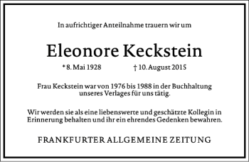 Traueranzeige von Eleonore Eckstein von Frankfurter Allgemeine Zeitung