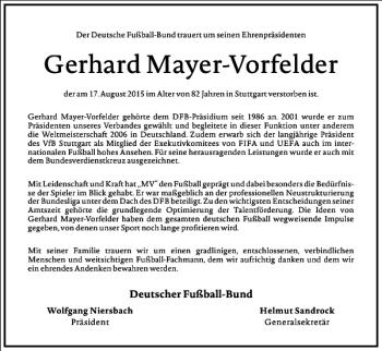 Traueranzeige von Gerhard Mayer-Vorfelder von Frankfurter Allgemeine Zeitung