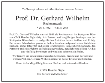 Traueranzeige von Gerhard Wilhelm von Frankfurter Allgemeine Zeitung