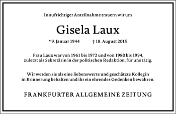 Traueranzeige von Gisela Laux von Frankfurter Allgemeine Zeitung