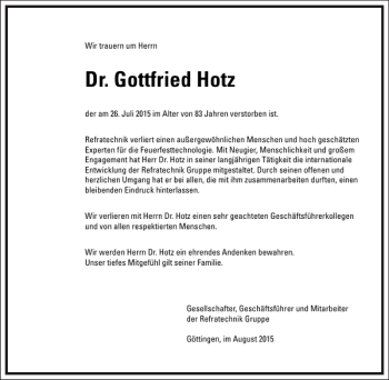 Traueranzeige von Gottfried Hotz von Frankfurter Allgemeine Zeitung