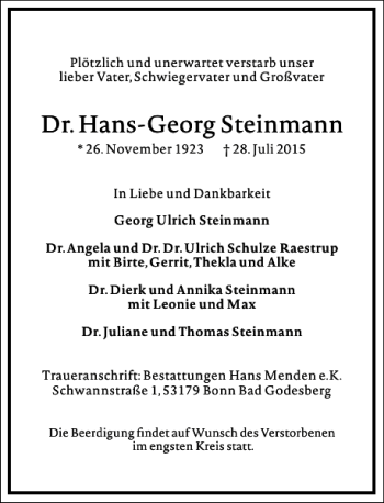 Traueranzeige von Hans- Georg Steinmann von Frankfurter Allgemeine Zeitung