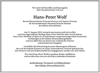 Traueranzeige von Hans-Peter Wolf von Frankfurter Allgemeine Zeitung